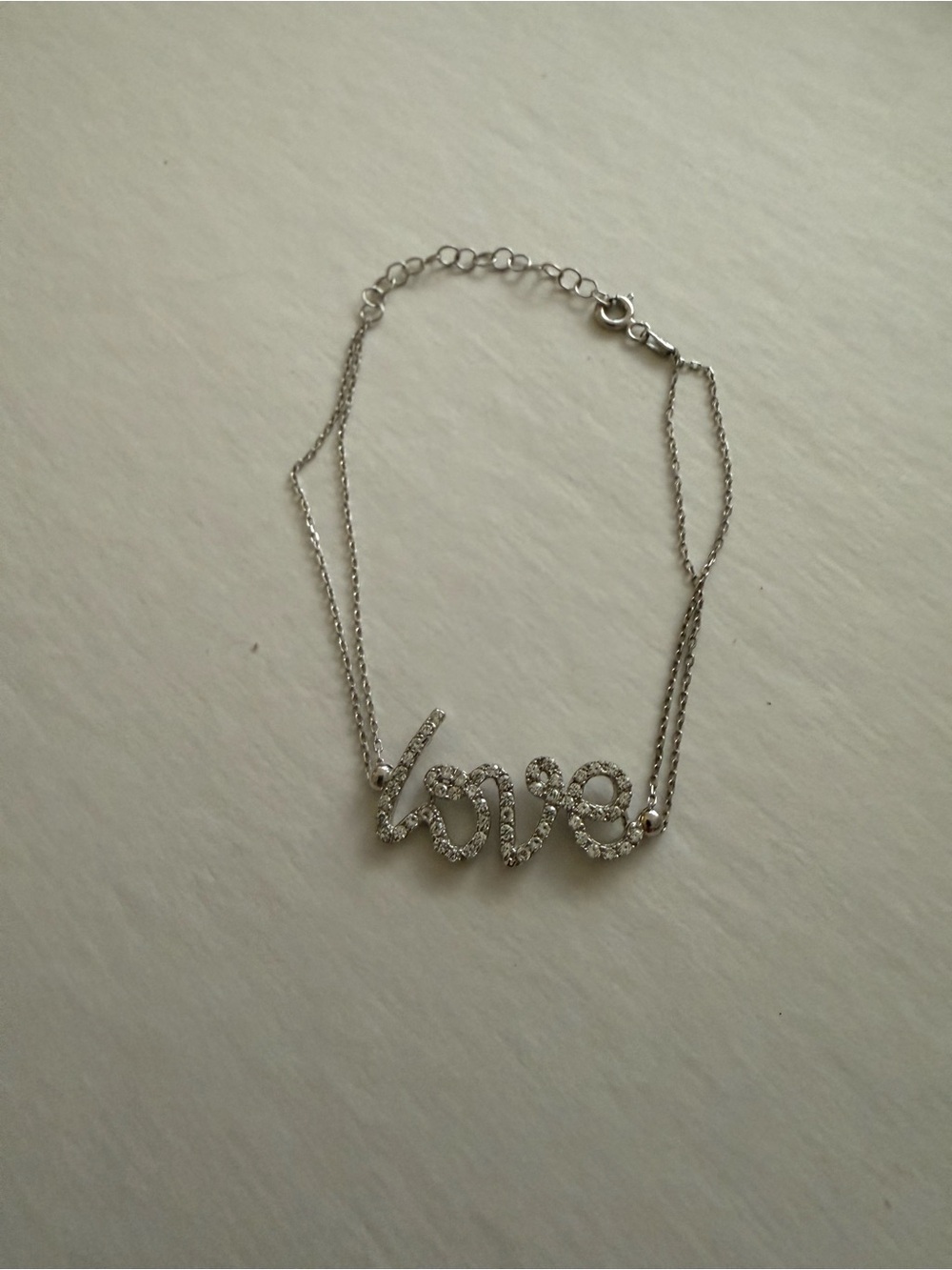 Sterling Silver 925 Italy Pavé CZ Script Love Double Chain Bracelet